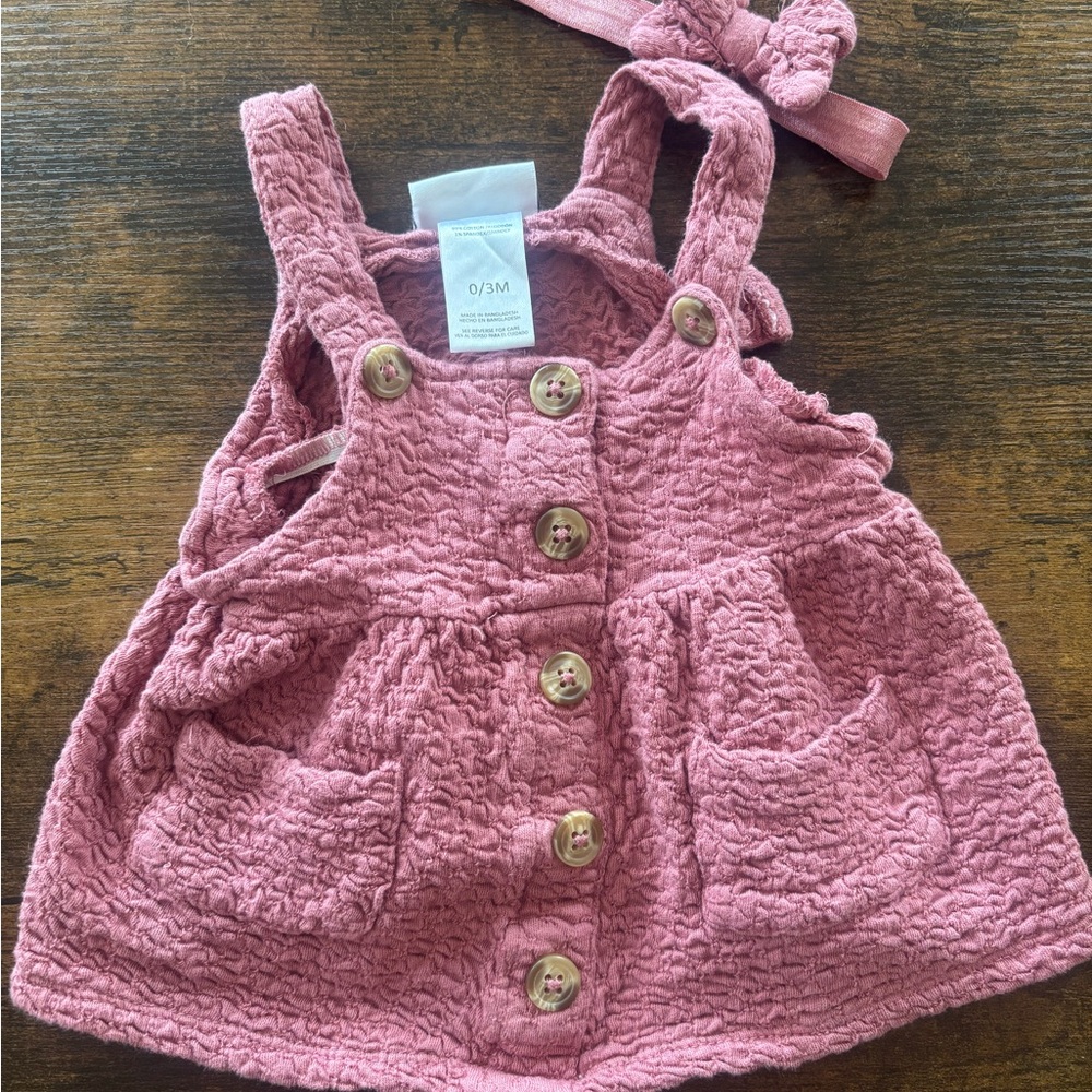 Pink Textured Baby Dress with Headband